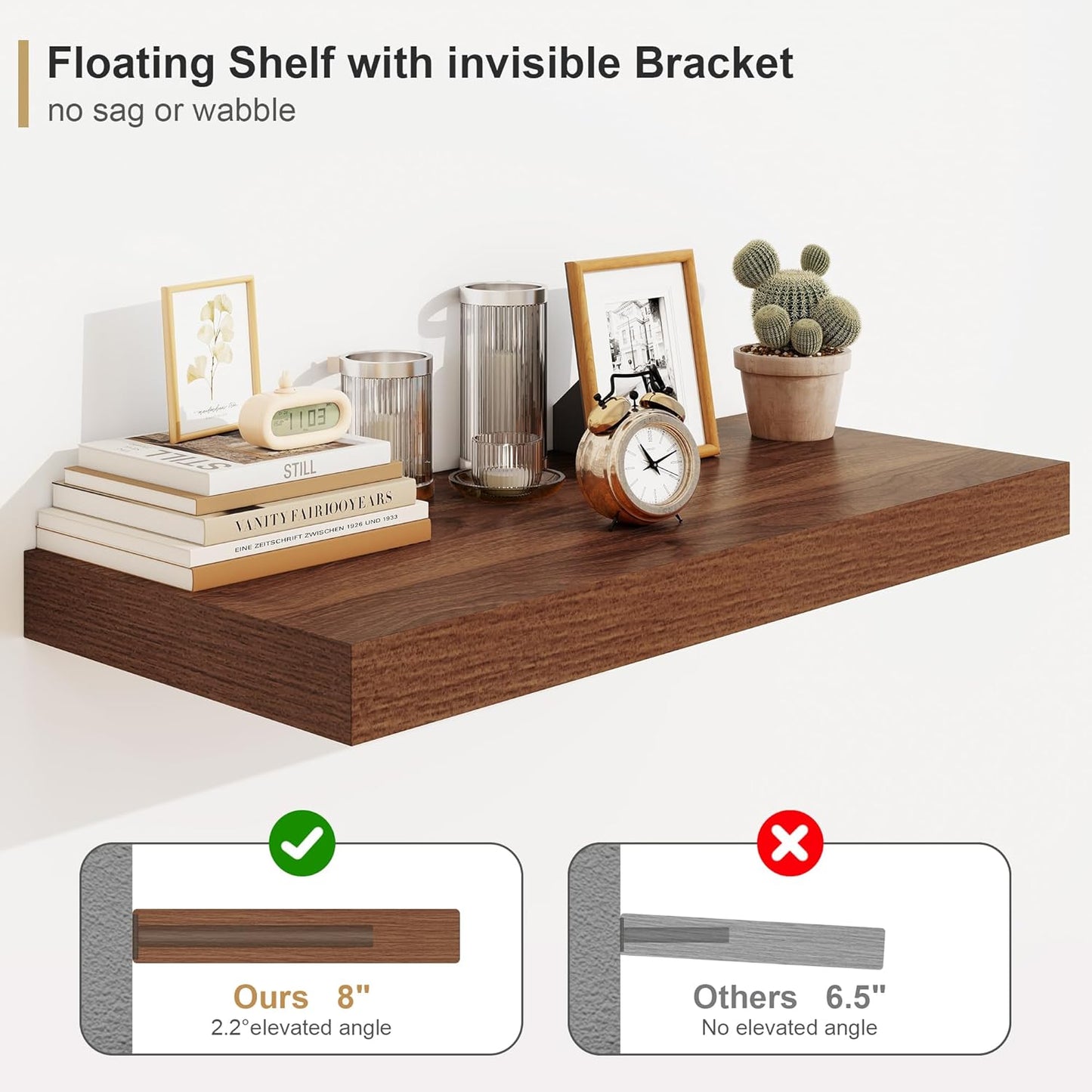 Heimlove 12" Deep Floating Shelves for Wall Shelf Over Toilet Wall Mounted Farmhouse Long 55 inches Set of 1, Farmhouse Shelves with Invisible Brackets for Living Room, Kitchen, Bedroom,Walnut