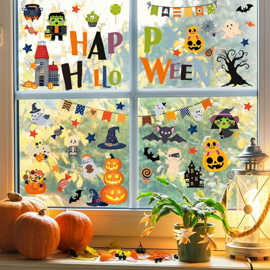 10 Sheets Halloween Window Clings Halloween Window Stickers Decorations Double-Sided Removable Castle Pumpkin Bat Glass Window Decals, Happy Halloween Window Clings for Kids Party Decorations