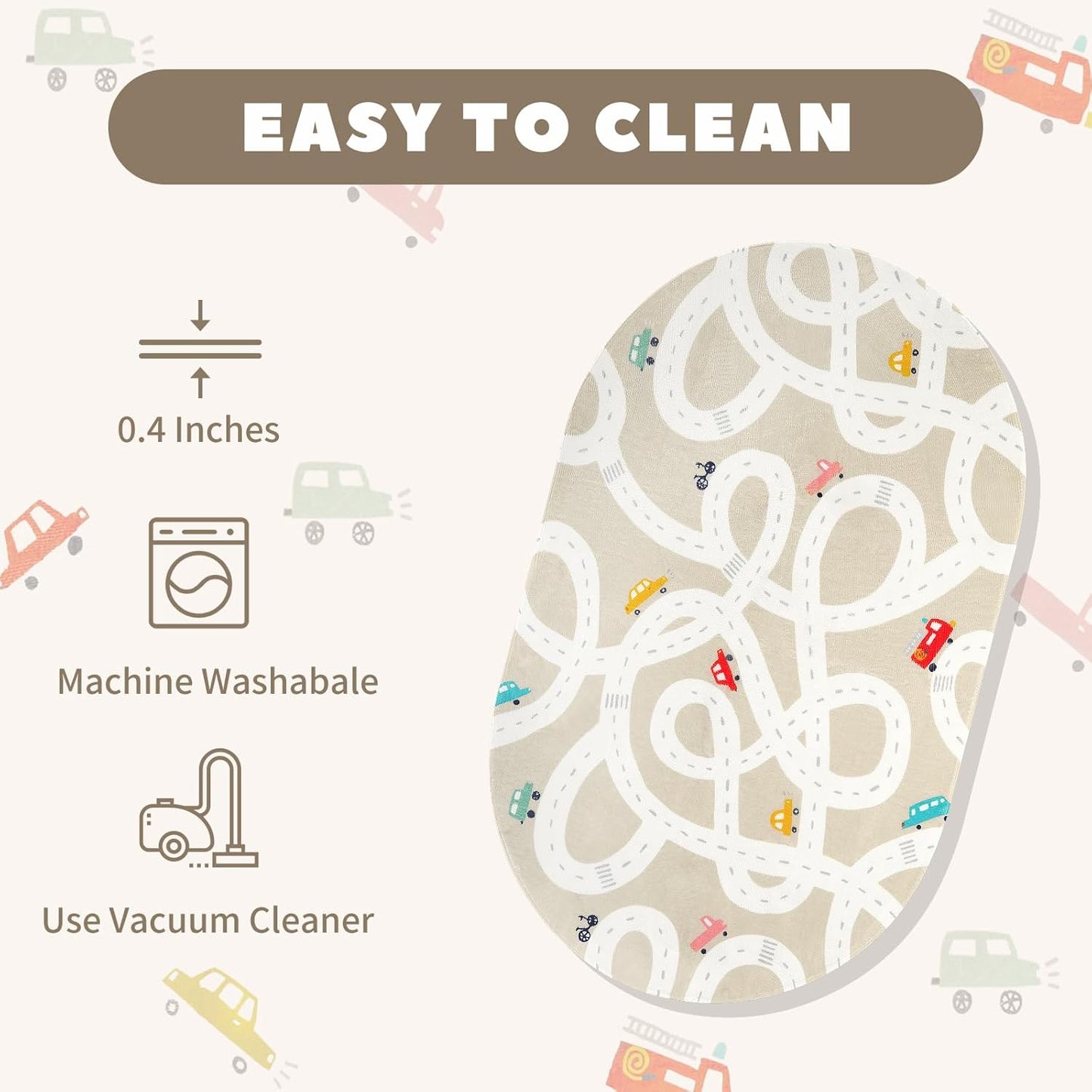 STARUIA Small Kids Rug for Kids Room, 3'x5' Washable Road Rug for Baby Nursery, Non-Slip Car Rugs for Playroom, Tan Traffic Play Mat Soft Fun Rugs for Boys Girls Dorm Toy Room Tent