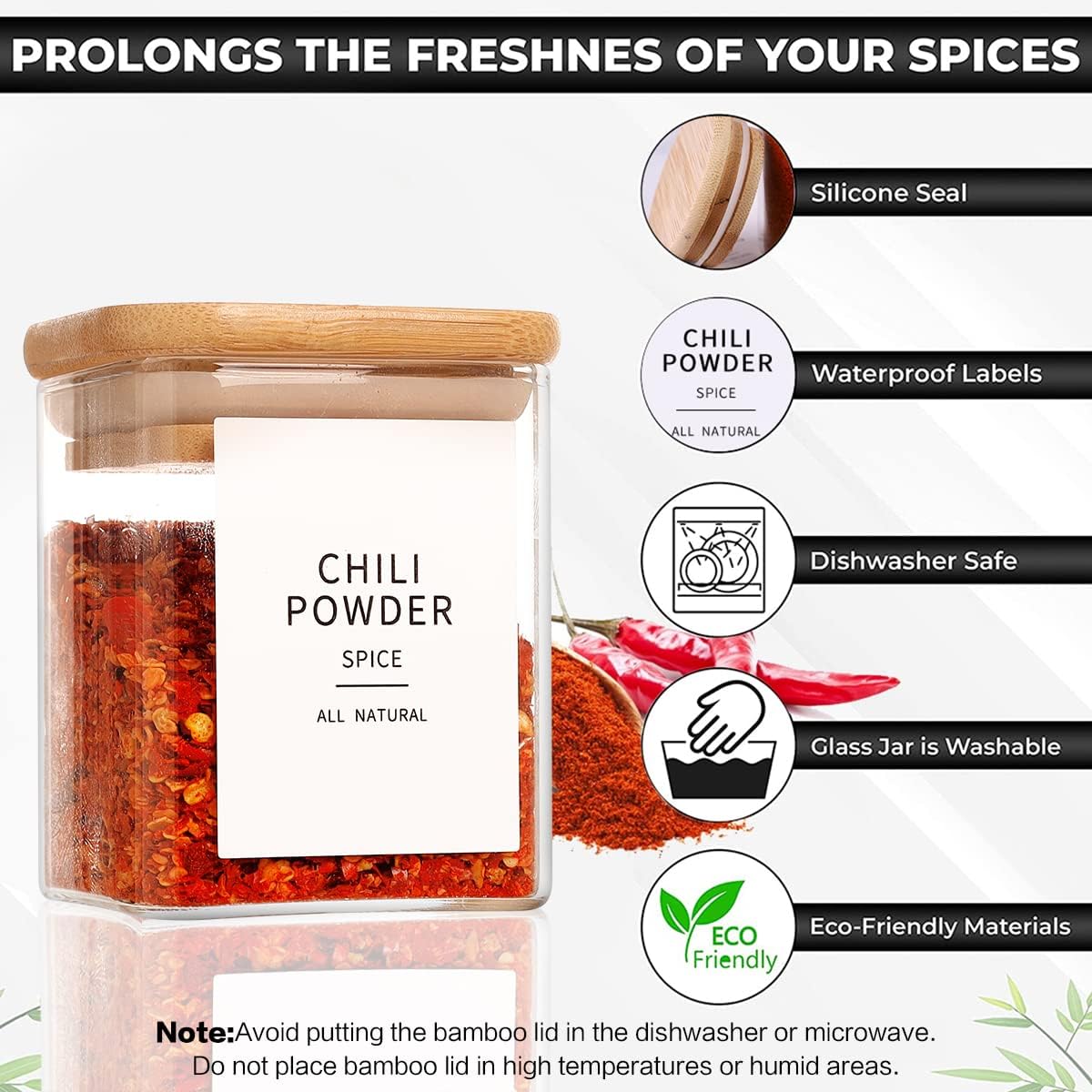 12 Pcs Square Glass Spice Jars with Natural Bamboo Lids - 9oz Airtight Herb Containers with 148 Waterproof Minimalist Spice Labels Preprinted - Empty Small Seasoning Jars for Kitchen Pantry
