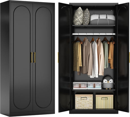 Metal Armoire Wardrobe Closet with 2 Doors, 71" Black Wardrobe Cabinet with Hanging Rod and Adjustable Shelves, Tall Clothing Storage Cabinets for Bedroom, Laundry Room, Home Office