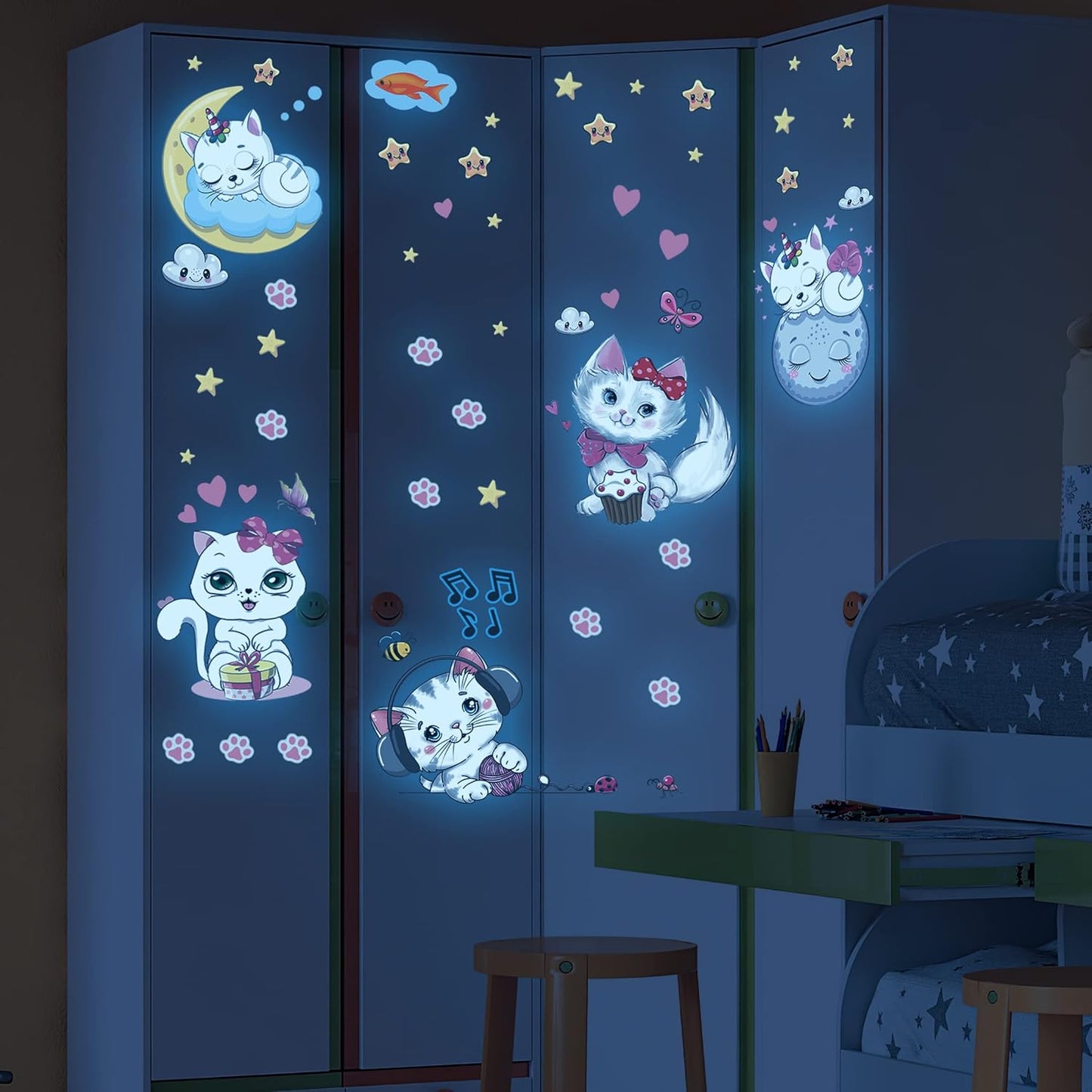 Glow in The Dark Stars for Girl's Room, Glowing Cats Cartoon Wall/Ceiling Decals, Kitten Butterflies Stickers for Kids Bedroom, Luminous Wall Decor for Nursery (Blue)