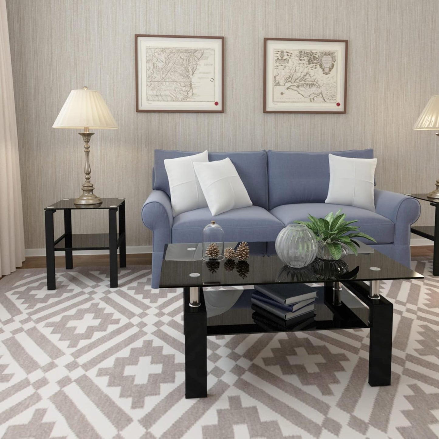 Black Glass Coffee Table for Living Room, Mordern Rectangle Tempered Glass Sofa Center Tables with Black Metal Leg for Home Office