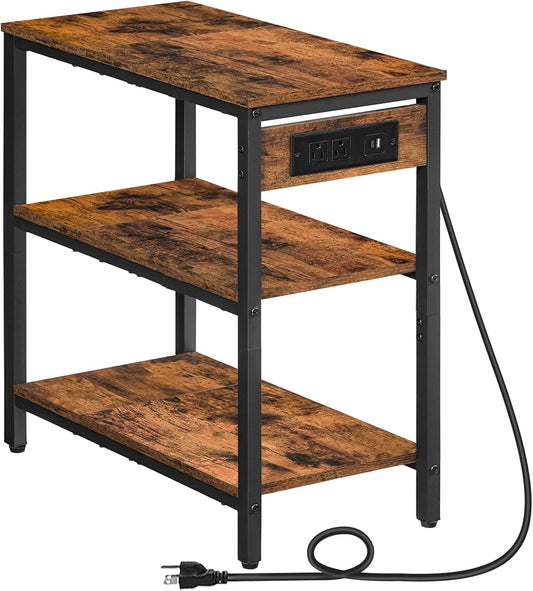 HOOBRO End Table with Charging Station, Simple Rustic Side Table with 3-Tier Storage Shelf, Narrow Nightstand for Small Spaces, for Living Room, Industrial Design, Rustic Brown and Black BF149UBZ01