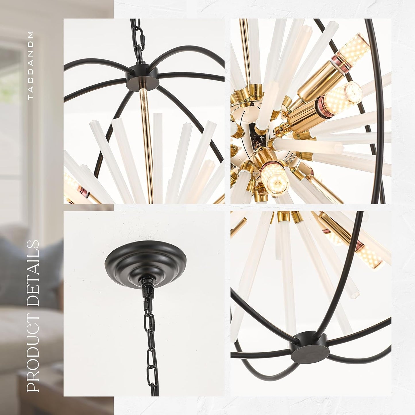 23.6" Black Gold 12-Light Globe Sputnik Chandelier Modern Adjustable Hanging Ceiling Glass Tube Pendant Light Fixture for Entryway Foyer Staircase Dining Living Room Hallway