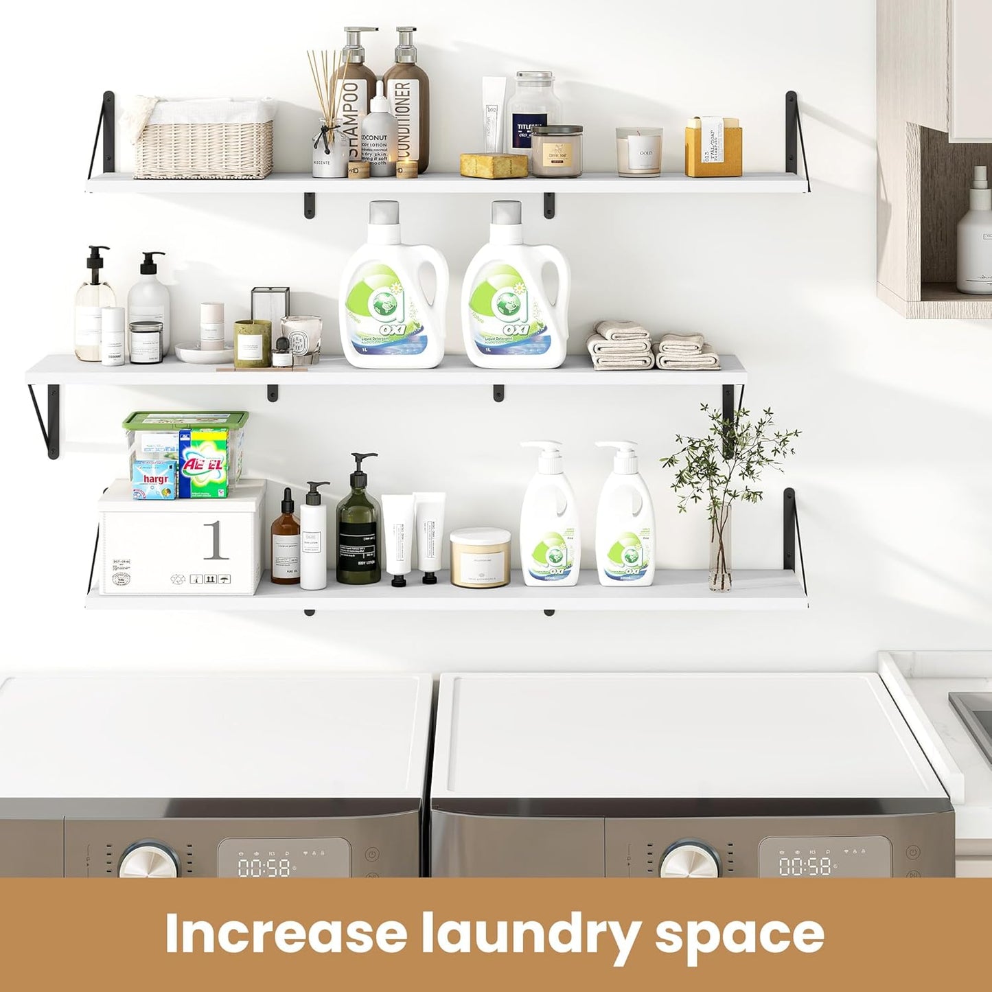 Heimlove 48 Inch Large Floating Bookshelves Set of 3,White Wall Mounted Bookshelves,Heavy Duty Wooden Shelves for Living Room,Bedroom,Kitchen,Laundry Room Storage & Decor