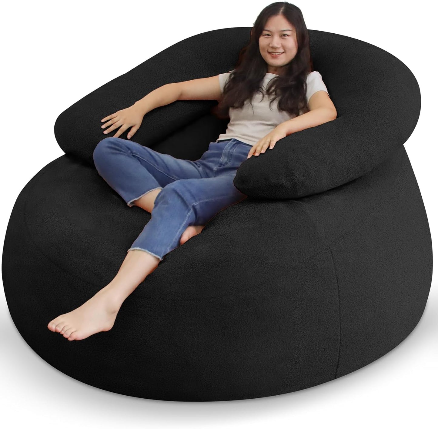 HABUTWAY Bean Bag Chair with U-Shaped Pillow for Adult and Kids Big BeanBag Chair with Filling Ultra Soft Teddy Fleece Couch Chair with Washable Cover for Living Room Bedroom Office, Black & Black