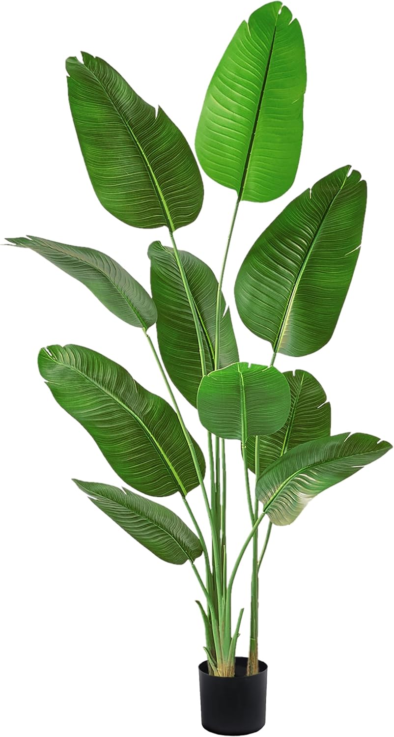 Fake Bird of Paradise Silk Artificial Plant Faux Banana Leaf Tree for Home Decor Indoor Floor Plant with 10 Trunks (1, Black Planter, 6 FT)