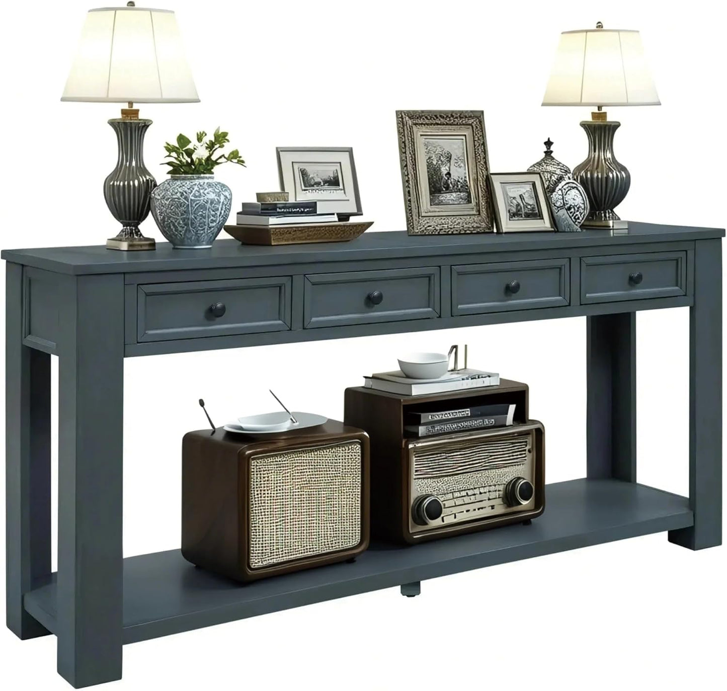 Solid Wood Console Table, Long Sofa Table Entryway Table with 4 Drawers and Bottom Shelf for Hallway Living Room Couch Table,Fully Assembled (63" Navy)