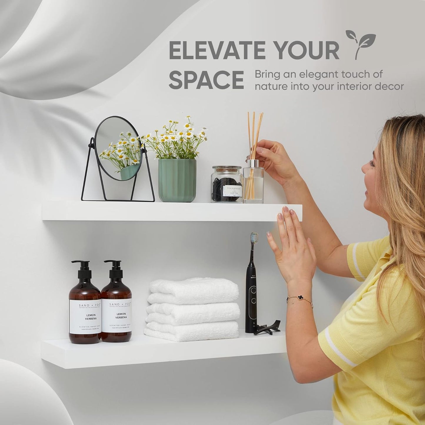 Homeforia White Floating Shelves 24 inch, High End Solid Real Wood 24inch Bathroom Floating Shelf for Wall Mounted, White Wooden 24in Floating Shelves, Heavy Duty Bracket, 24 X 6.5 X 1.75 in, Set of 3