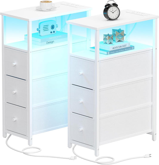 TUTOTAK Narrow LED Night Stand with Charging Station, Slim End Table with Plugins, Tall Side Table with 3 Fabric Drawer, Small Bedside Table with Storage, Set of 2, for Living Room, White TB01BW073L