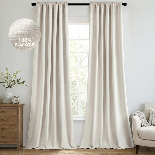 MIULEE 100% Blackout Curtains 90 Inch Long 2 Panels Set for Bedroom, Thick Luxury Faux Linen Black Out Curtain Room Darkening Back Tab Pleat Window Textured Drapes with Hooks for Living Room, Birch