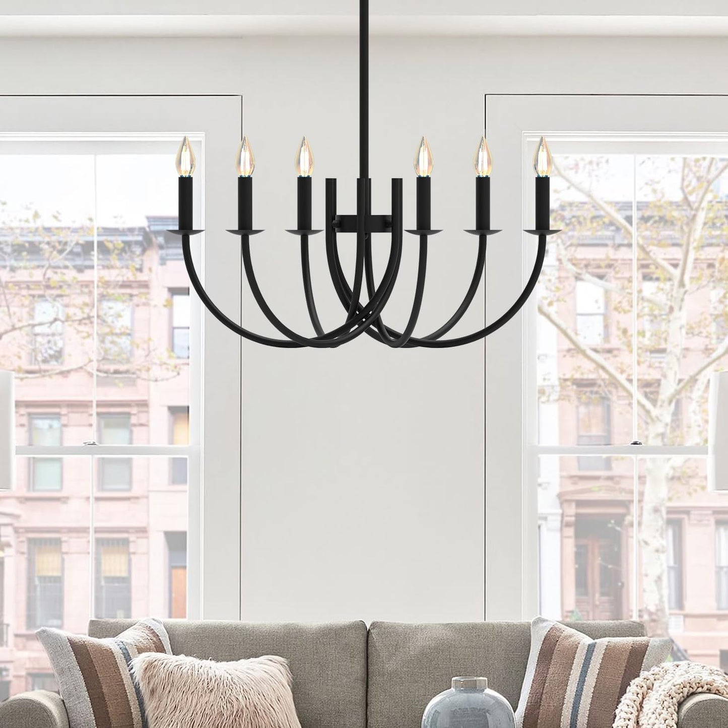 Black Dining Room Chandelier, LED Hanging Lamp Ceiling, Modern Round Candle Pendant Light Fixtures for Farmhouse Living Room Bedroom Kitchen Island (Black-C 6Lights)