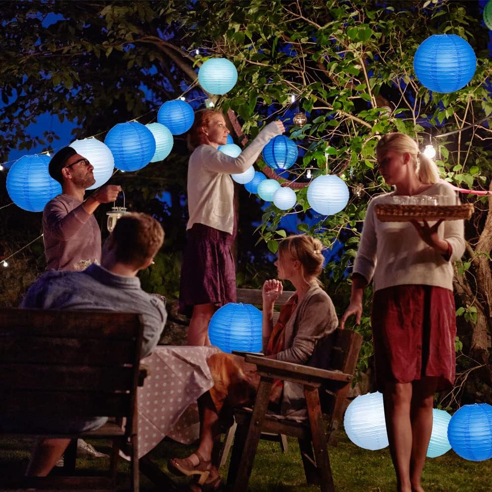 Paper Lanterns Decorative, Blue Hanging Paper Round Chinese Lanterns with Lights for Wedding Graduation Birthday Party 12 LED Light Pack of 12