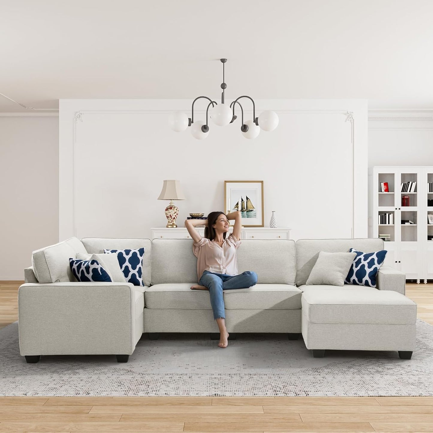 L Lengend Vansen Modular Sectional Sofa U Shaped Couch with Ottoman Modern Reversible Corner Sectional Couch for Living Room (Cream, U Shaped Sofa-1)