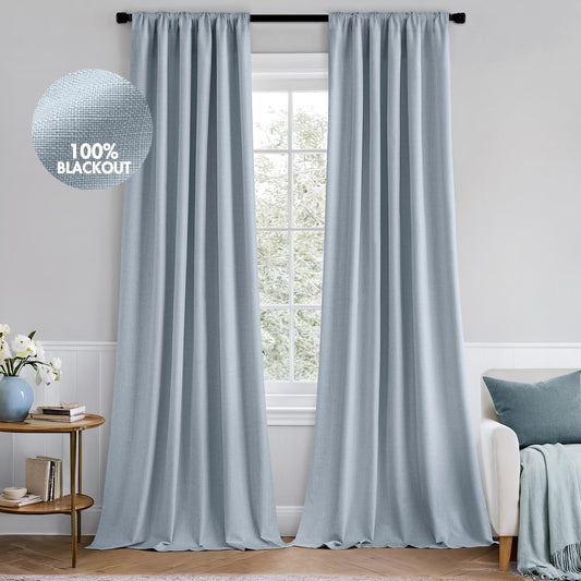 MIULEE 100% Blackout Curtains 84 Inch Long 2 Panels Set for Bedroom, Thick Faux Linen Black Out Curtain Room Darkening Back Tab Pleat Window Textured Drapes with Hooks for Living Room, Chambray Blue