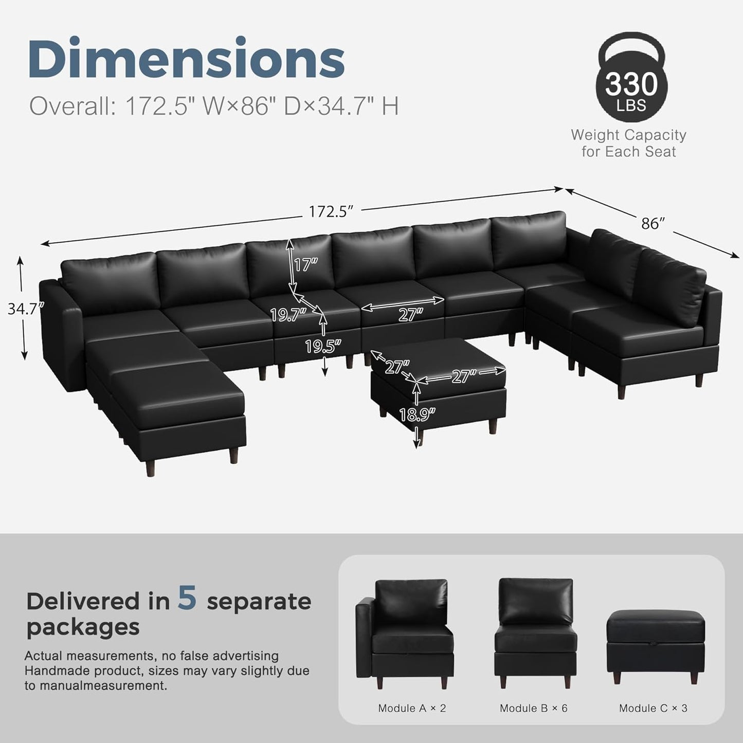 ABCASA Oversized 172.5" Faux Leather Modular Sectional Sofa, Modern Large 11 Seater U Shaped Couch with Storage Seat with Reversible Chaise Deep Seat for Living Room DIY Combination - Black