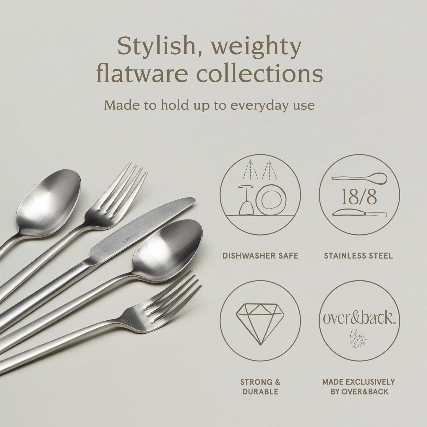 over&back 20pc Modern Flatware Cutlery Set - Comes with 4 Dinner Forks, 4 Salad Forks, 4 Dinner Knives, 4 Dinner Spoons, and 4 Teaspoons - 18/8 Stainless Steel - Dishwasher-Safe - Brushed Stainless