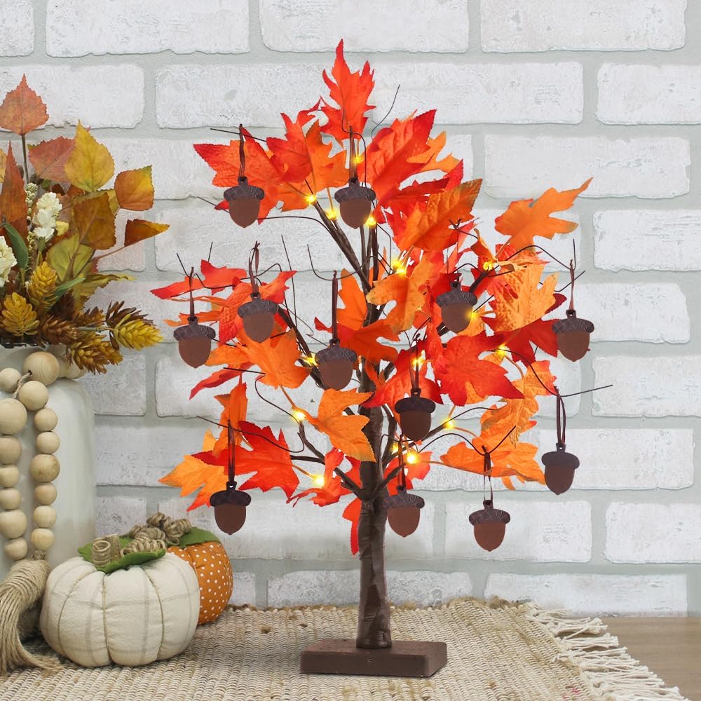 YEAHOME Fall Decorations for Home, Thanksgiving Decorations, 24”/2FT Lighted Fall Maple Leaves Tree with 24 LEDs for Autumn Decor, 12 Wood Acorns Ornaments Battery Powered Timer for Table Indoor