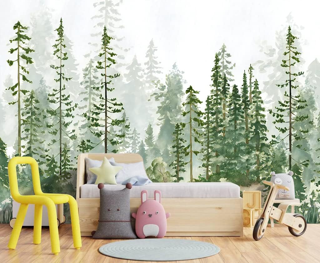 Boys or Girls Cartoon Pine Tree Forest wallpeper Nursery Kids Bedroom Wall Mural - 160"x108"（Not Peel and Stick）