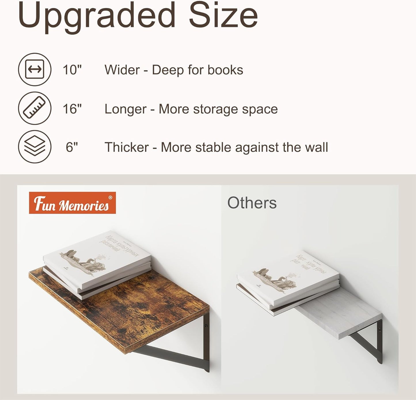 10 Inch Deep Floating Shelves, Floating Shelf 16 Inch Long, 16"W x 10"D Wall Shelves Set of 2, Deep Shelf for Books, Wide Floating Shelves for Bahtoom, Living Room, Kitchen, Rustic Brown