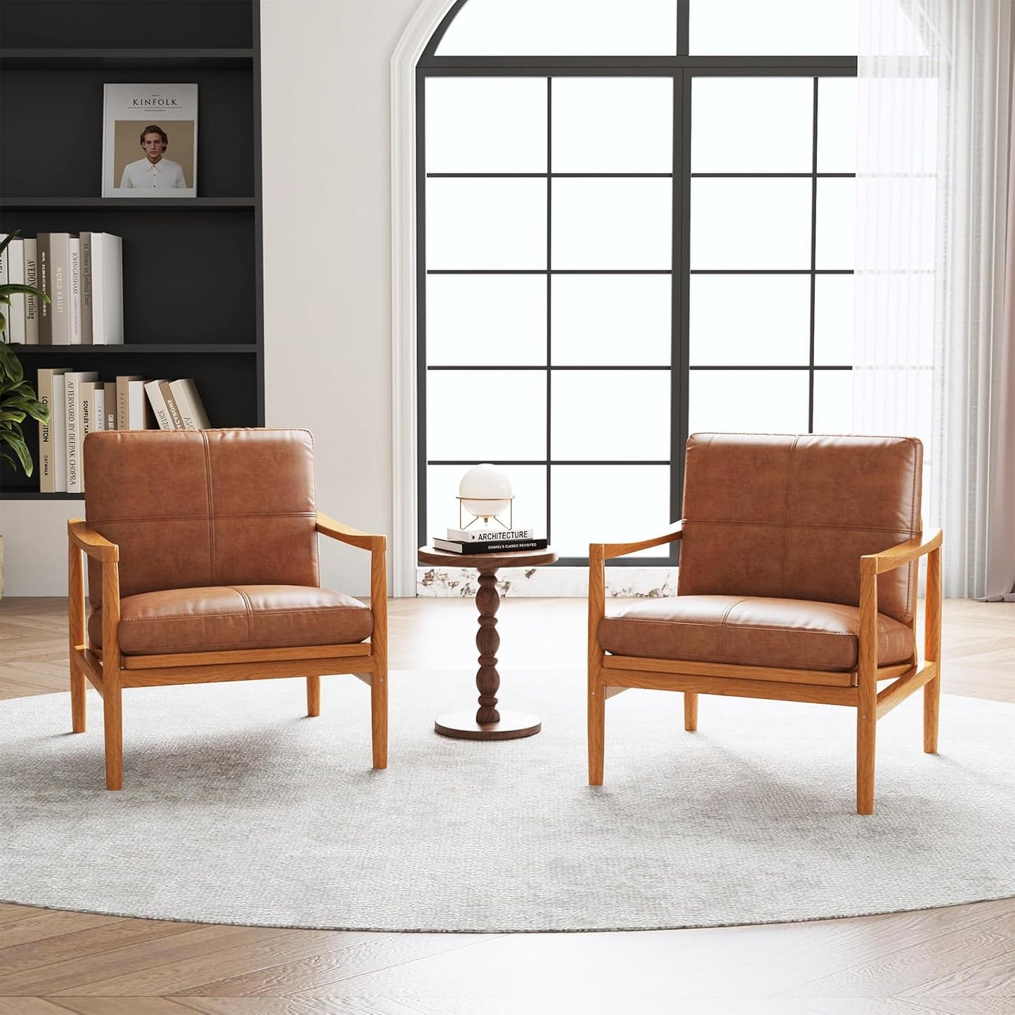 Mid Century Modern Accent Chair Set of 2, Leather Accent Chair, Relaxing Armchair with Solid Wood Frame & Soft Cushion, Reading Leisure Chairs for Living Room