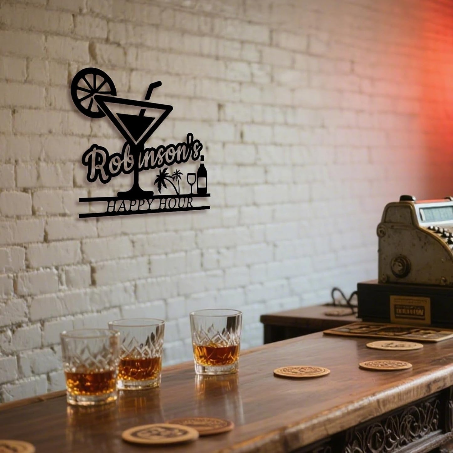 Happy Hour Metal Bar Sign - Personalized Wine Wall Art, Rustic Home Bar Decor, Custom Cocktail & Wine Themed Metal Signs for Indoor/Outdoor - MADE IN USA