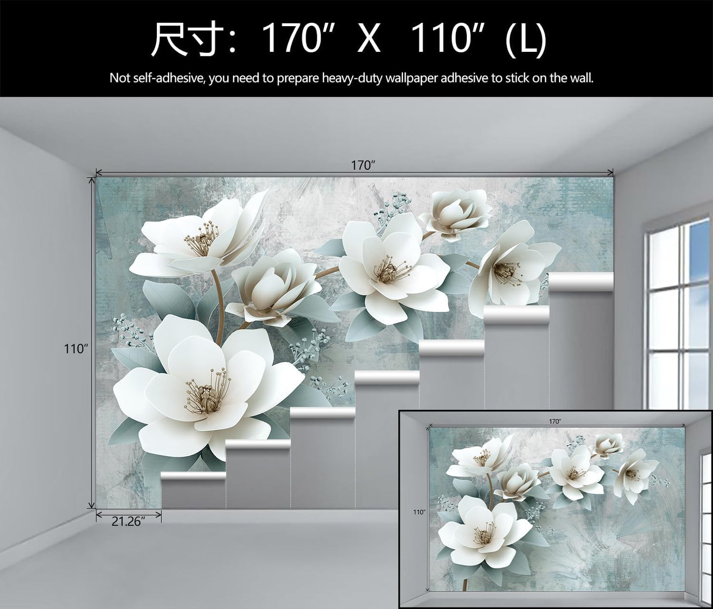 WFBHUA-Green Floral Wallpaper Mural Modern Large 3D Art Flower Wallpaper for Living Room Bedroom Bathroom Wall Mural(Not Peel and Stick)