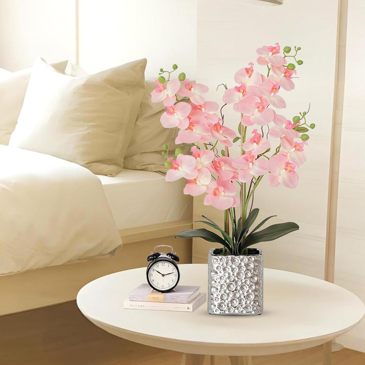 Orchid Artificial Flowers with Sliver Vase Large Silk Faux Phalaenopsis Flowers for Dining Room Table Floral Centerpieces Indoor Decoration,Pink
