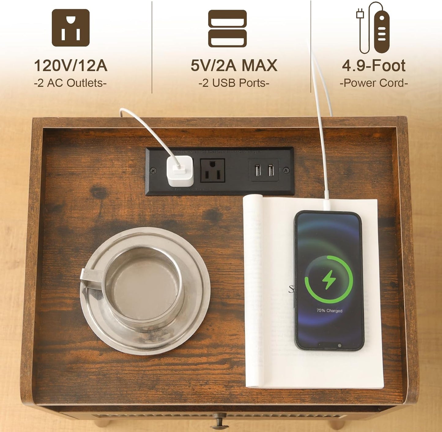 AWASEN Mid Century Night Stand with Charging Station, Wood Bedside Table with Glass Drawer, Small Modern Nightstand End Side Table with 2 Tiers Storage for Bedroom, Office(Rustic Brown)