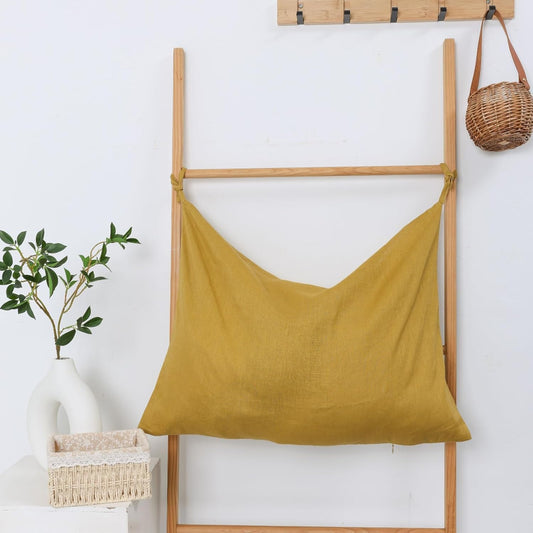 Hanging Linen Laundry Bag, 100% Pure Flax Linen Over The Door Hamper with Bottom Zipper for Laundry Room, Household Dirty Cloth Storage Organizer Bag, Turmeric