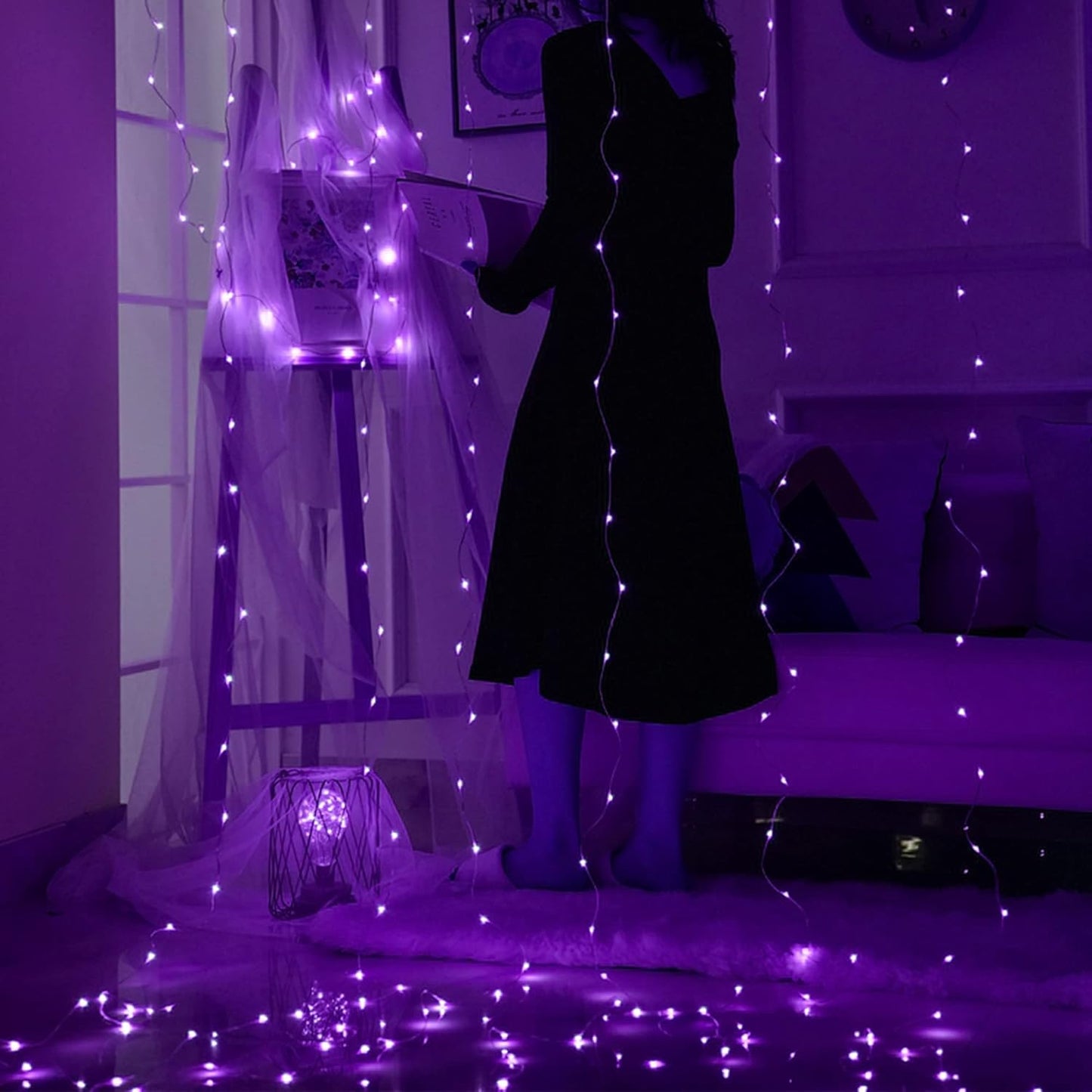 HOME LIGHTING Window Curtain String Lights, 300 LED 8 Lighting Modes Fairy Copper Light with Remote, USB Powered for Halloween Christmas Bedroom Party Wedding Home Garden Wall Decorations, Purple