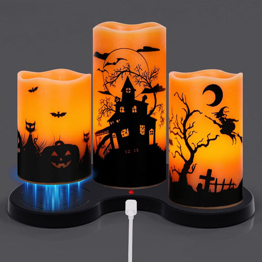 Wondise Halloween Rechargable Flickering Flameless Candles with 6H Timer, Battery Operated LED Real Wax Candles with Charging Base Set of 3 Halloween Home Decoration Gifts(3 x 4 5 6 Inch)