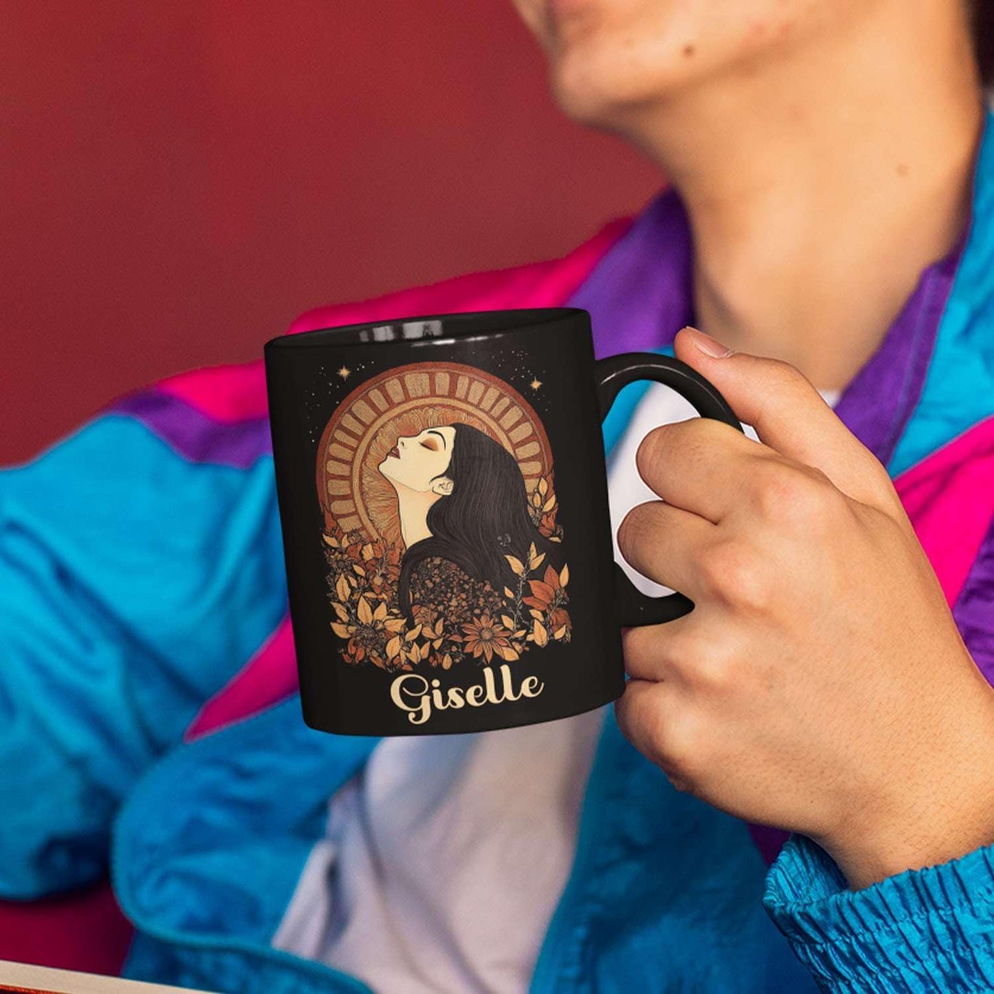 Elegant Woman Coffee Mug with Custom Name, Autumn Themed Ceramic Cup 11oz 15oz, Unique Fall Inspired Black Mug for Women, Personalized Women's Day Coffee Cup, Gifts for Holiday