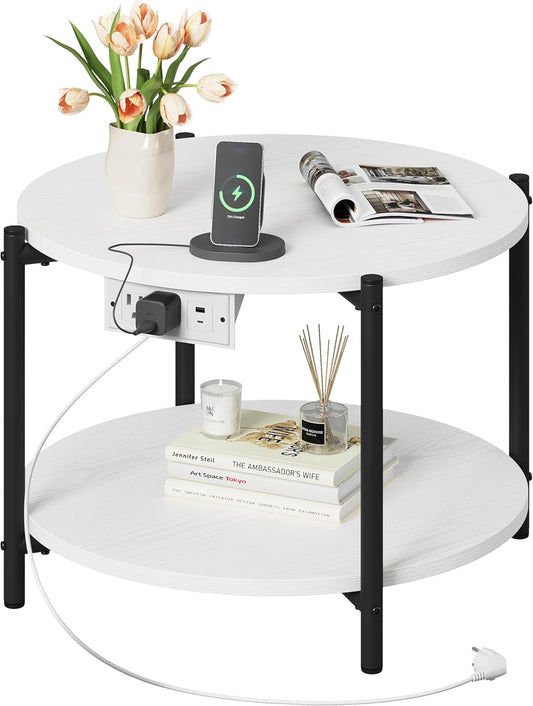 LIKIMIO Side Table, 23.6" W Round End Table with Charging Station, Modern Wooden Nightstand for Small Spaces, Living Room, Bedroom, White