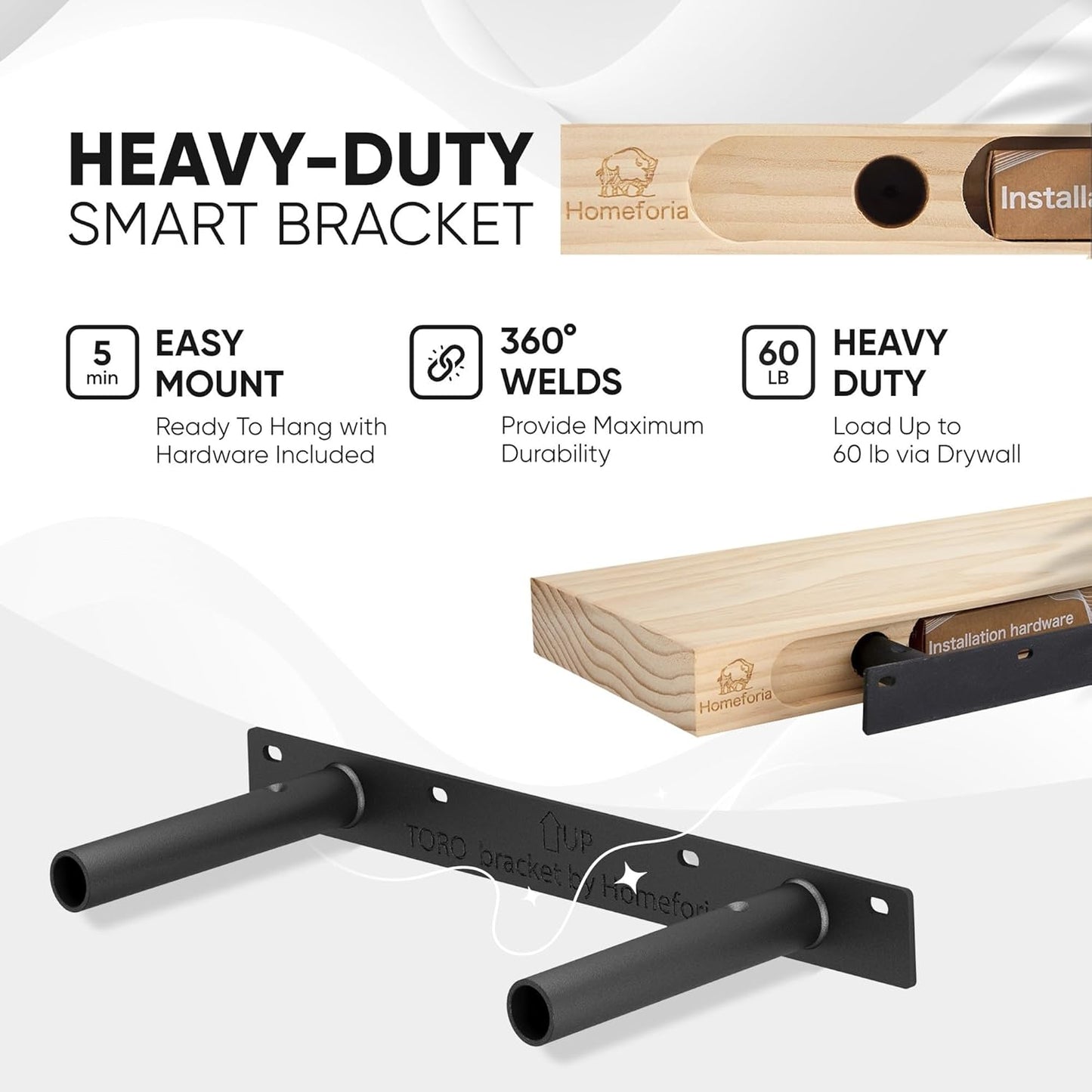 Homeforia Floating Shelf Black 12 inch, High End Solid Real Wood Small 12inch Floating Shelves for Wall Mounted, Black Wooden 12 in Floating Shelves, Heavy Duty Bracket, 12 X 6.5 X 1.75 inch, Set of 2