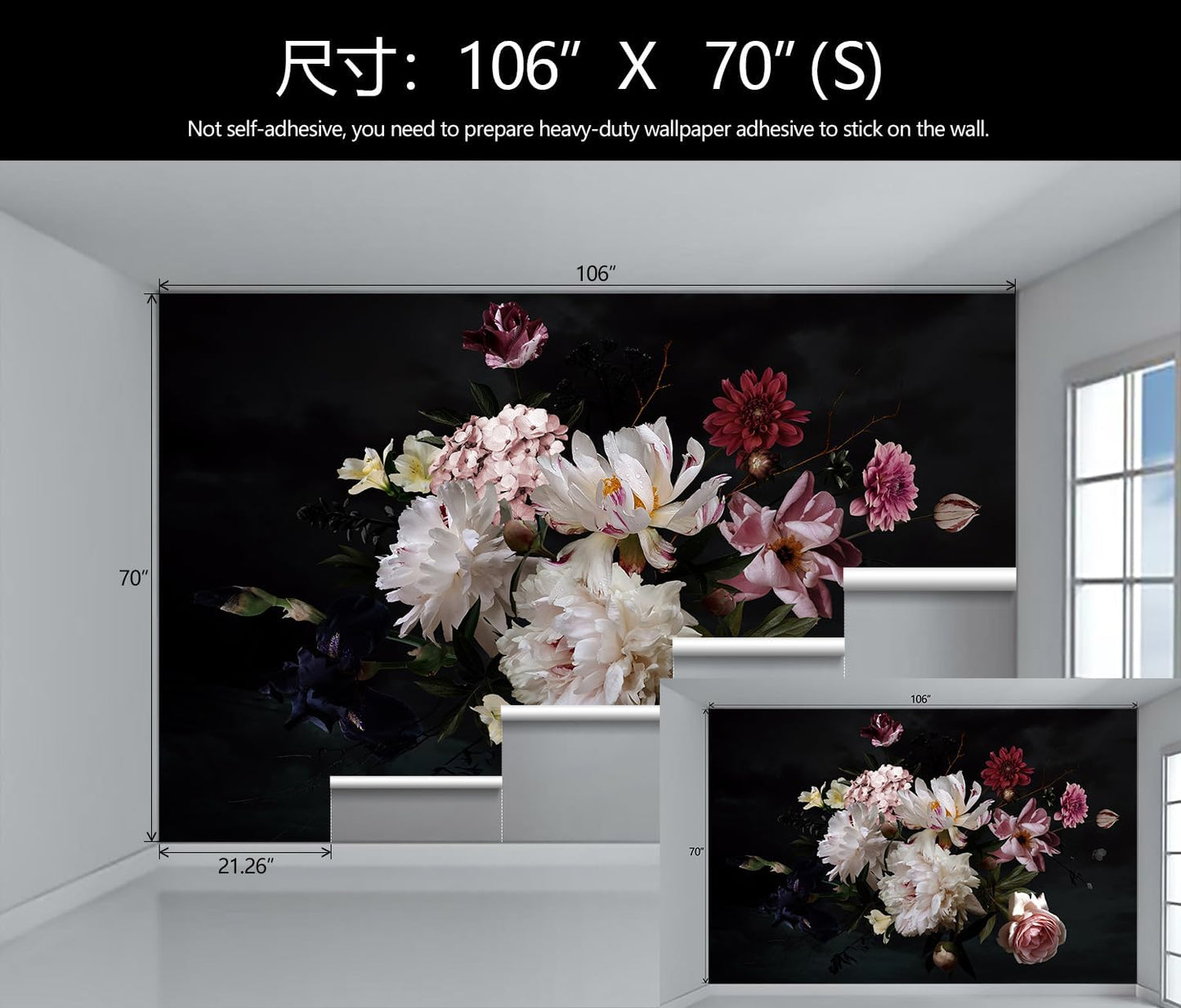 Dark Floral Wallpaper Mural Vintage Peony Flowers Black Background Wall Mural Bedroom (Not Peel and Stick)
