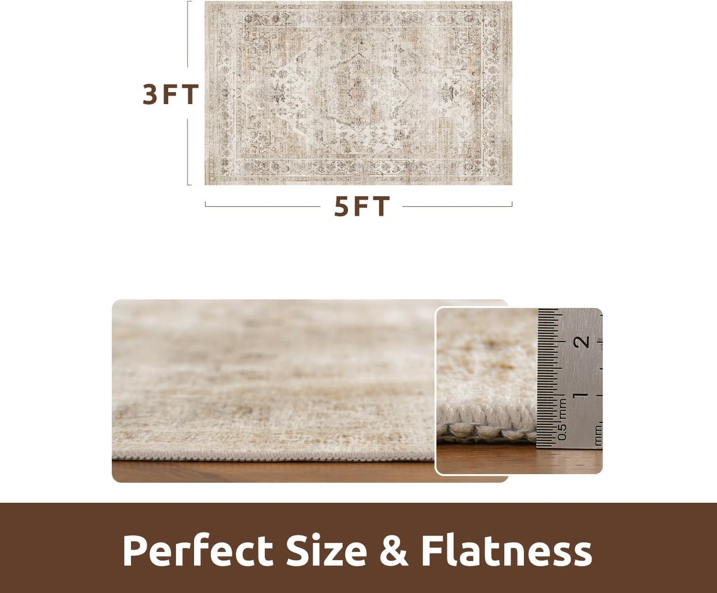 AMOAMI-3X5 Area Rug-Soft Washable Vintage Throw Accent Rugs for Living Room, Entryway, Bedroom, Kitchen, Bathroom, Laundry Room, Kitchen, Bathroom, Bedside, No Slip Beige