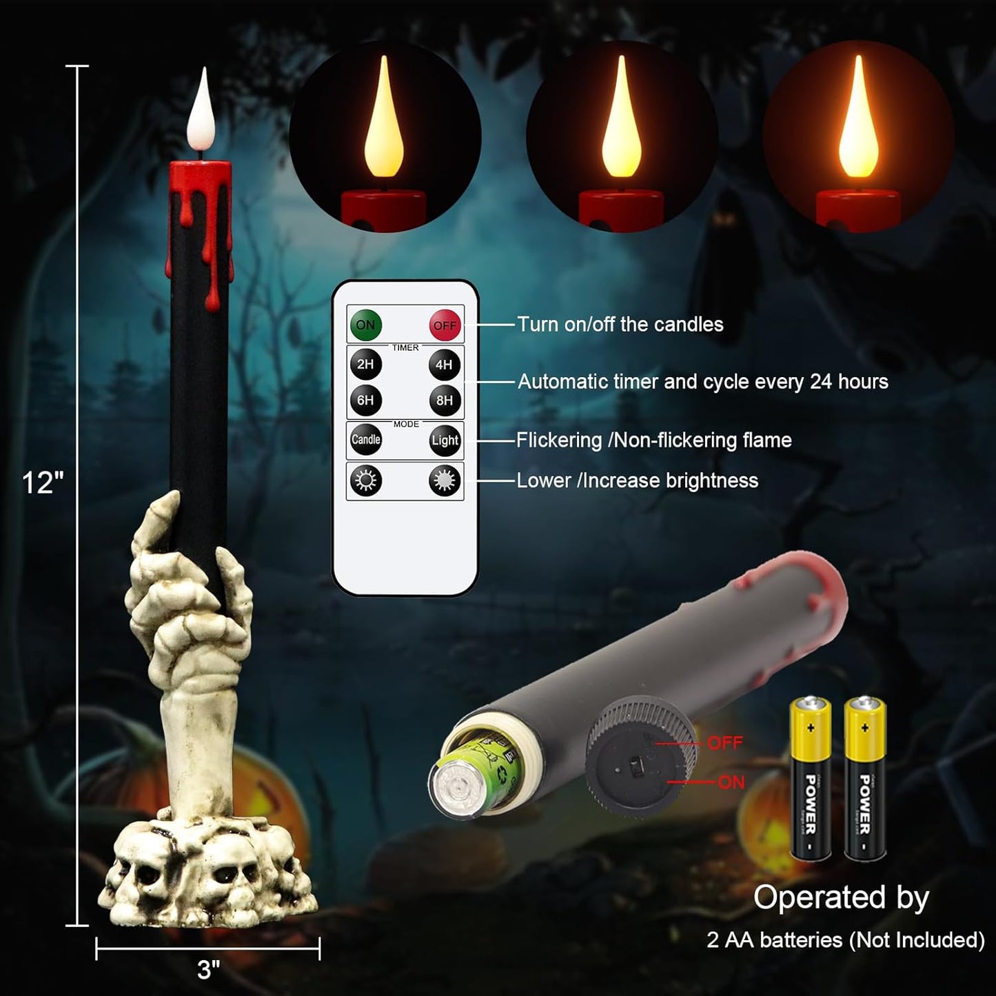 GenSwin Halloween Black Taper Flameless Candles with Ghost Hand Candlesticks and Remote Timer, 2 Pcs Battery Operated Taper Candles with Holder and 3D Flame for Halloween Decor