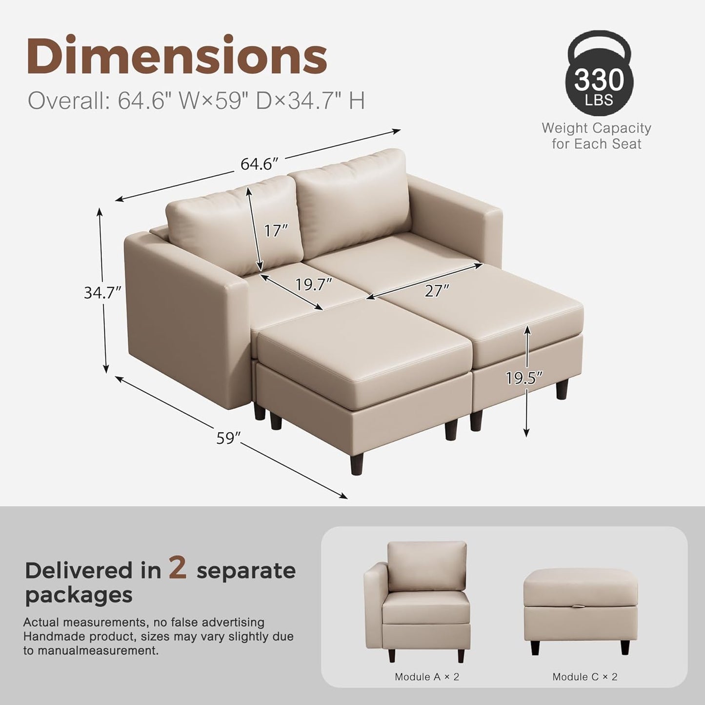 64.6" Faux Leather Loveseat Sleeper Sofa Bed with Storage Seat, Modern Modular Sectional Couch Deep Seat with Reversible Chaise 2-Seat Whitesand for Apartment, Living Room, Bedroom
