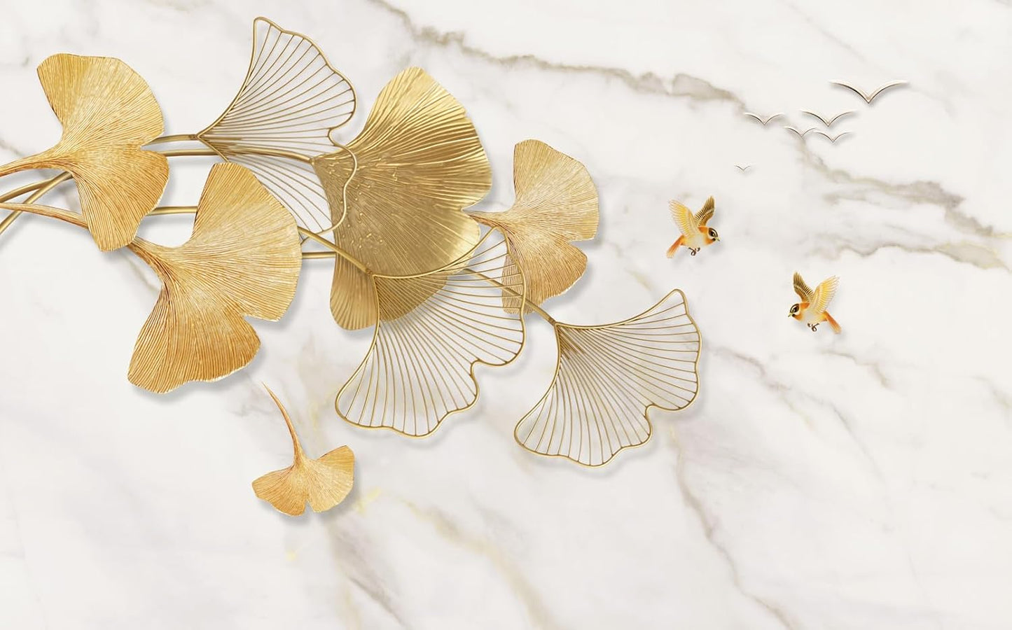 Golden Ginkgo Leaves Wall Mural Fake Marble Wallpaper for Bedroom Living Room (Not Peel n' Stick)