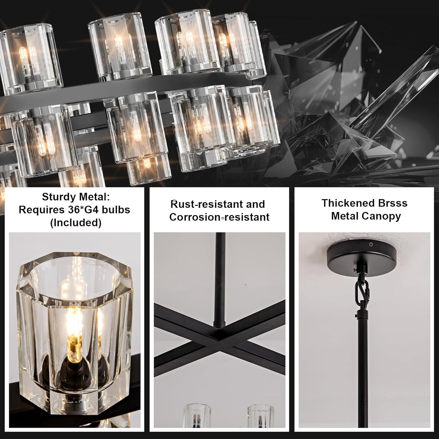 Modern Black Crystal Chandelier,36" K9 Crystal Chandeliers for Dining Room Over Table,Wagon Wheel Chandeliers for Dining Room,Living Room,Foyer,Includes 36XG4 Bulbs