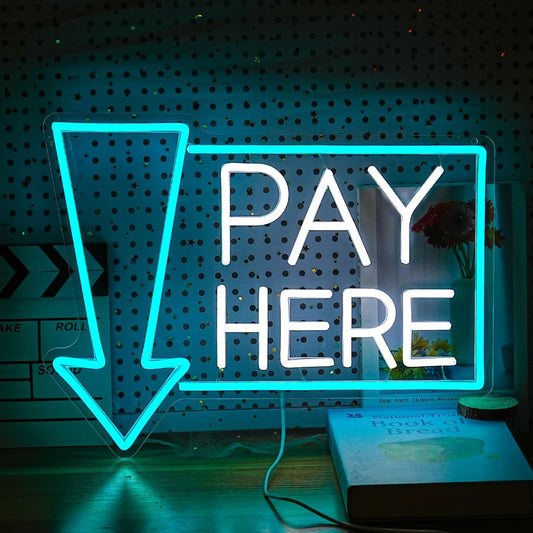 Pay Here Neon Sign Bright Ice Blue White Pay Light Up Sign for Business Decor Dimmable LED Words Neon Light for Restaurant Shop Bar Neon Wall Decor (16.5 * 12.8 In)