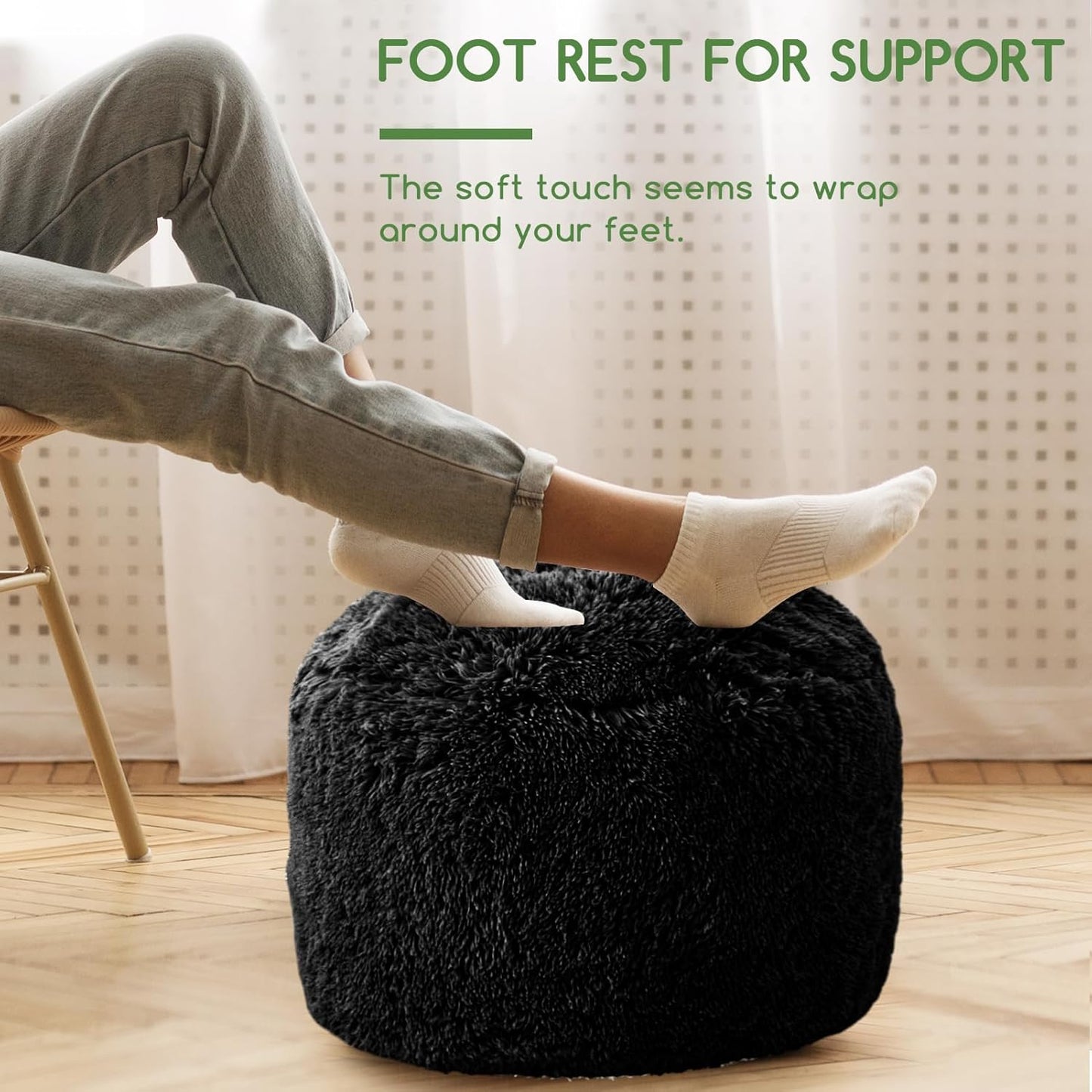 HIGOGOGO Round Stuffed Pouf Ottoman, Long Faux Fur Poufs with Foam Chunk Filling, Fluffy and Furry Pouf Foot Stool Storage Ottoman, 20 X 15 Floor Poufs Foot Rest for Living Room, Black