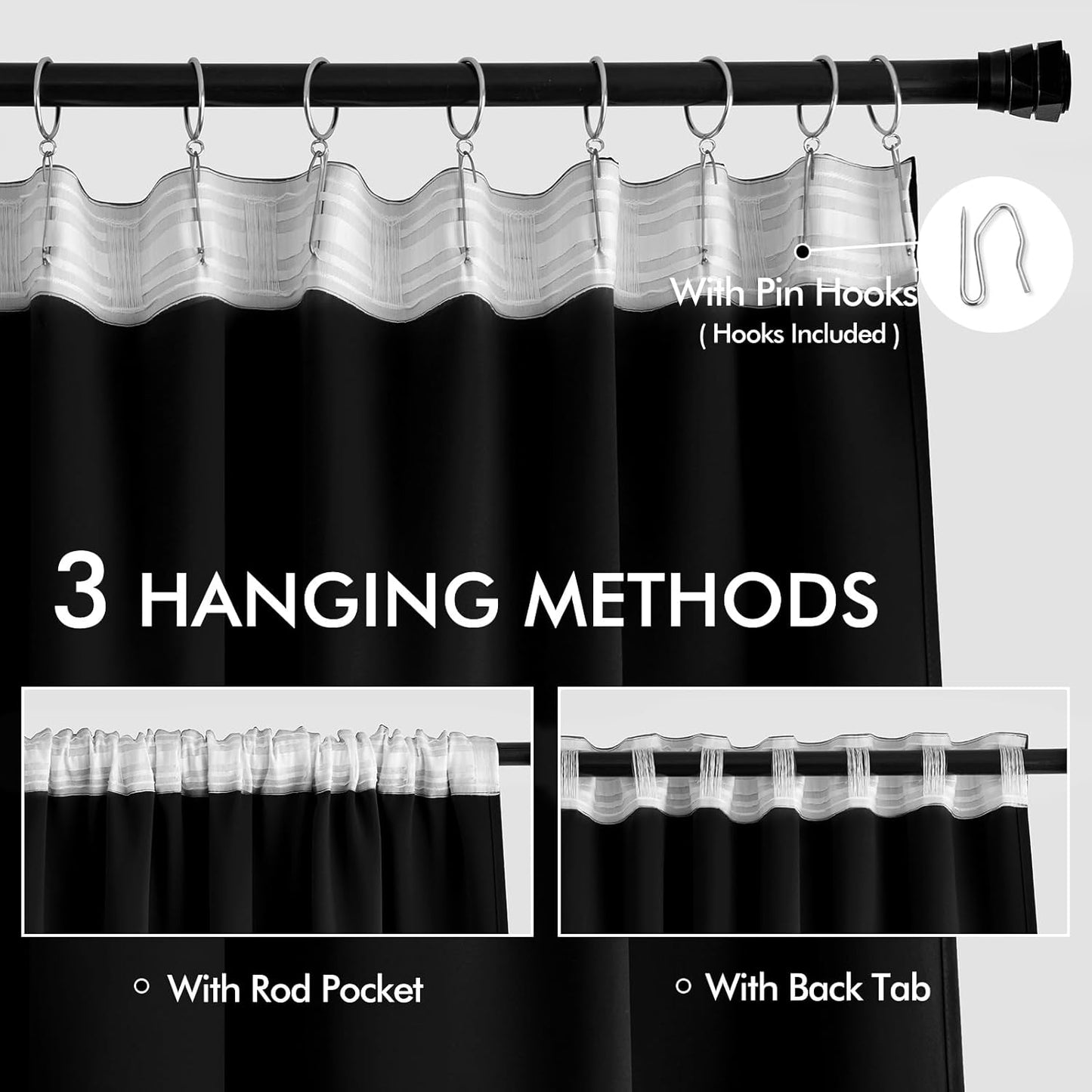 MIULEE Black Back Tab Blackout Curtains 54 Inch Length 2 Panels Set for Living Room Bedroom Privacy, Halloween Rod Pocket/Pinch Pleat Thermal Insulated Room Darkening Pleated Light Blocking Drapes