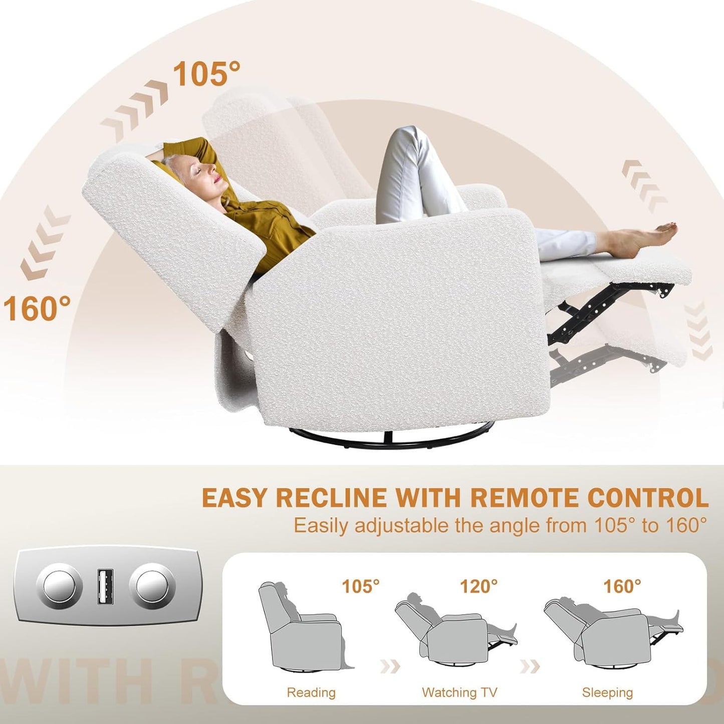Power Recliner Chair Swivel Glider, Large Rocker Recliner w/USB Charging Port, Boucle Upholstered Swivel Rocker Glider Recliner for Nursery,Bedroom,Living Room, 1PC, Cream