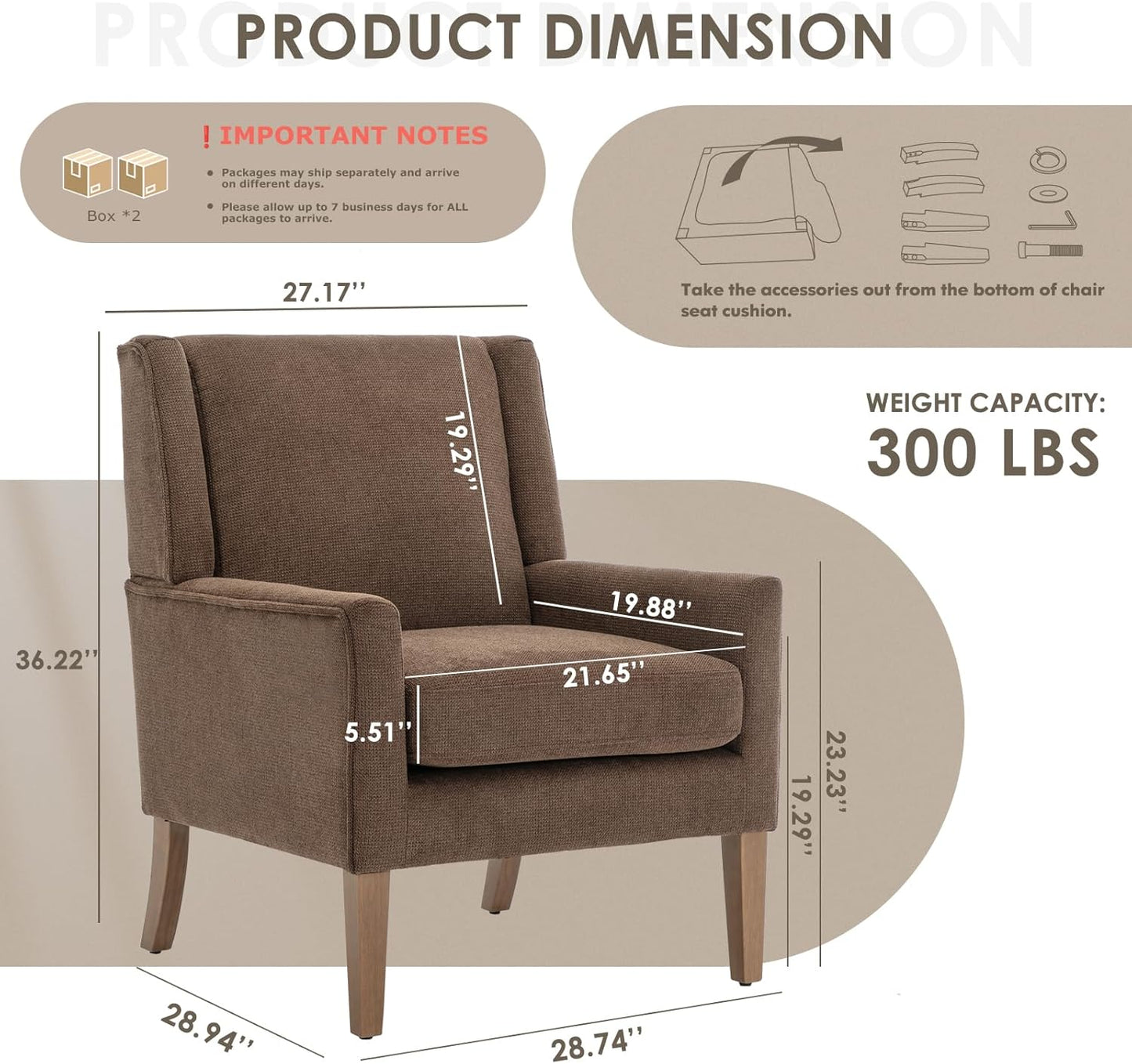 COLAMY Modern Wingback Living Room Chair Set of 2, Upholstered Fabric Accent Armchair, Single Sofa Chair with Lounge Seat and Wood Legs for Bedroom/Office/Reading Spaces, Brown