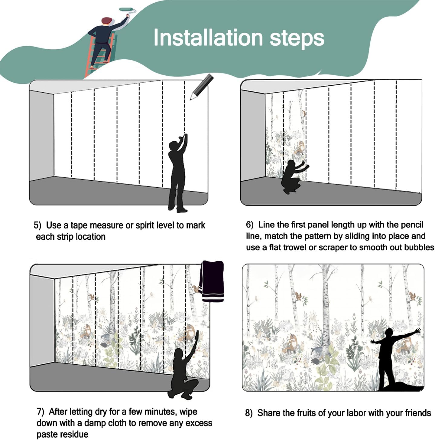 -Nursery Cartoon Woods Hand-Painted Animal Wallpaper Children's Room XT10 S 100" x 65"