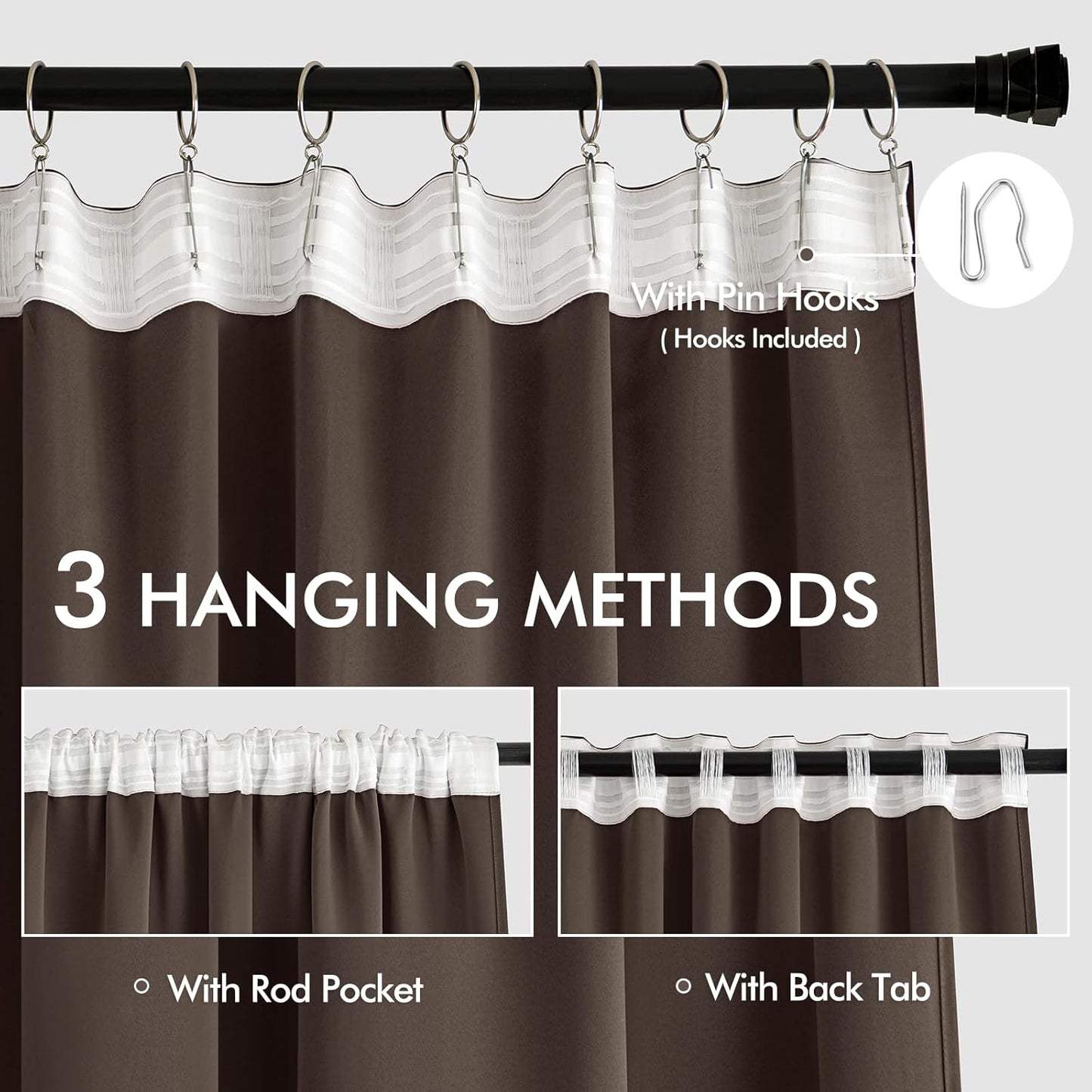 MIULEE Chocolate Brown Back Tab Blackout Curtains 102 Inch Long 2 Panels Set for Bedroom, Rod Pocket/Pinch Pleated Thermal Insulated Living Room Darkening Light Blocking Floor to Ceiling Drapes