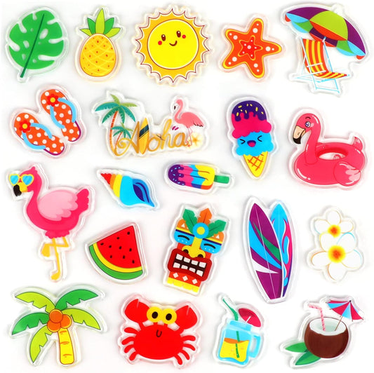 20 PCS Hawaiian Thick Gel Clings Summer Beach Window Gel Clings Decals Stickers for Kids Toddlers and Adults Home Airplane Classroom Nursery Hawaiian Party Supplies Decorations Removable and Reusable